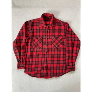 Unbranded Mens Large Flannel Shirt Red Black Plaid Long Sleeve Button‎ Up Pocket